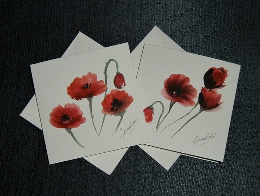 SET of TWO hand painted original greetings cards poppies ( ref F 921 )