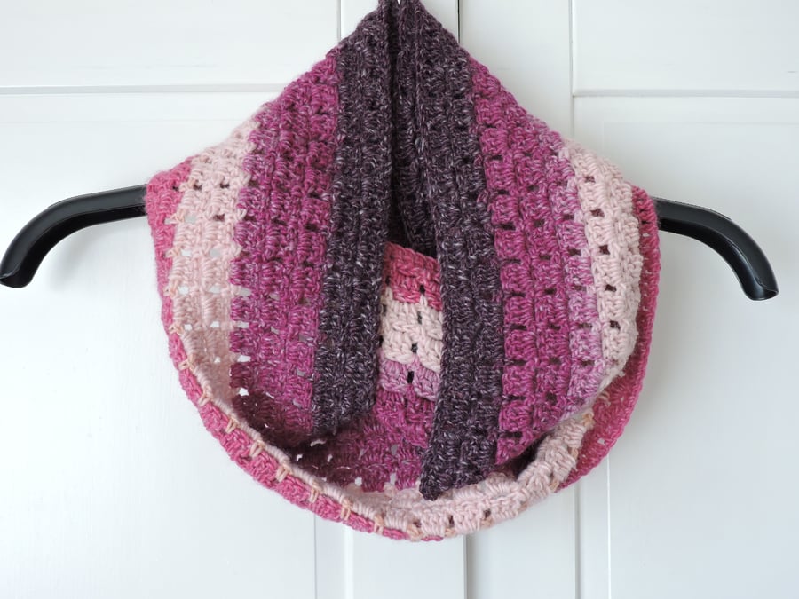 Crochet Infinity Scarf Raspberry, Blackberry, Rose Pink and Pale Pink