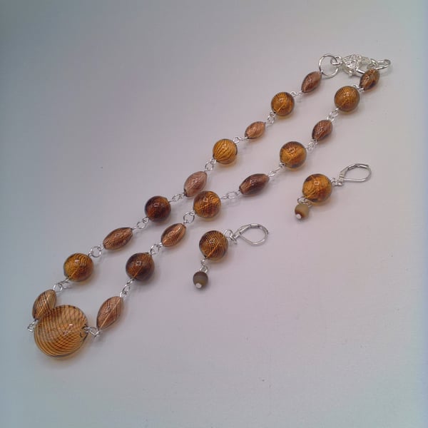 Golden Brown Hollow Glass Bead Necklace and Earrings, Gift for Her, Gift Set