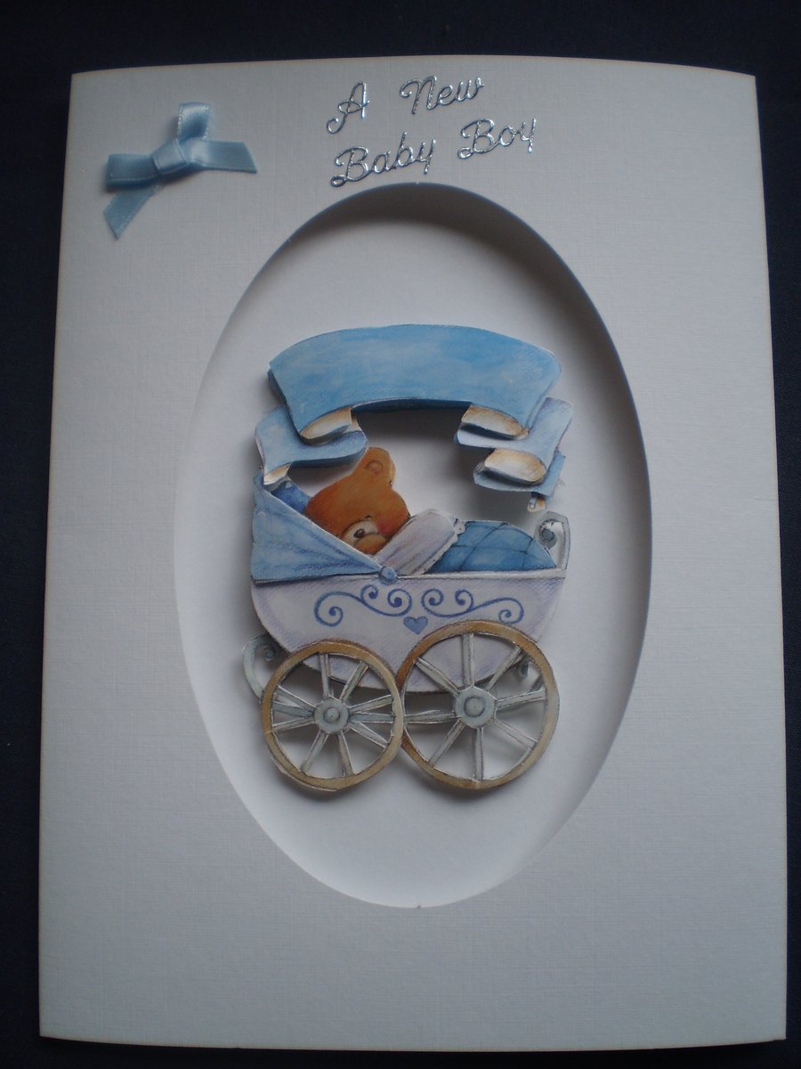 Handmade Decoupage,3D Baby Boy Card,Pram, Personalise