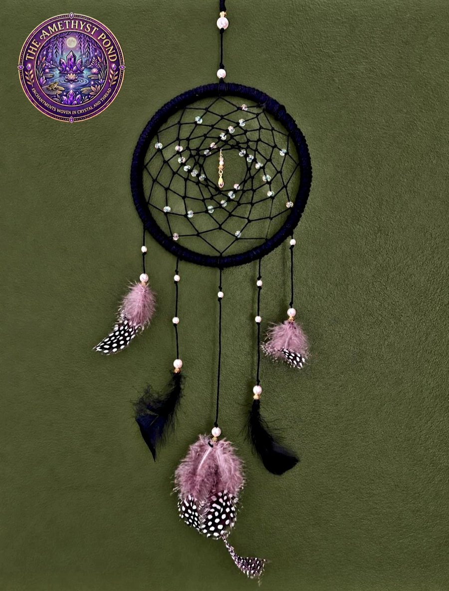 Dream Catcher black, with Crystal Teardrop & Guinea Fowl Feathers, handmade