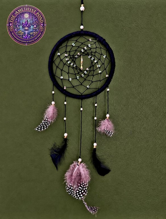 Dream Catcher black, with Crystal Teardrop & Guinea Fowl Feathers, handmade
