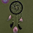 Dream Catcher black, with Crystal Teardrop & Guinea Fowl Feathers, handmade