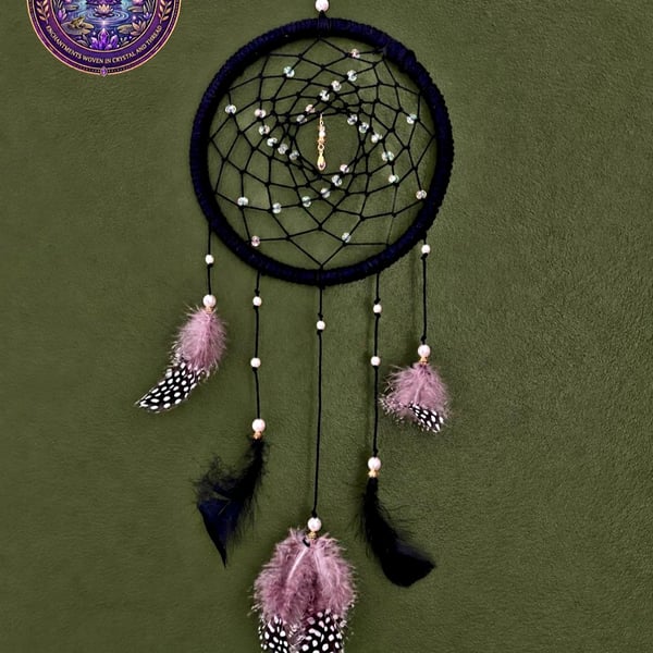 Dream Catcher black, with Crystal Teardrop & Guinea Fowl Feathers, handmade