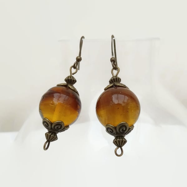 Amber Coloured Beaded Earrings with Bronze hooks
