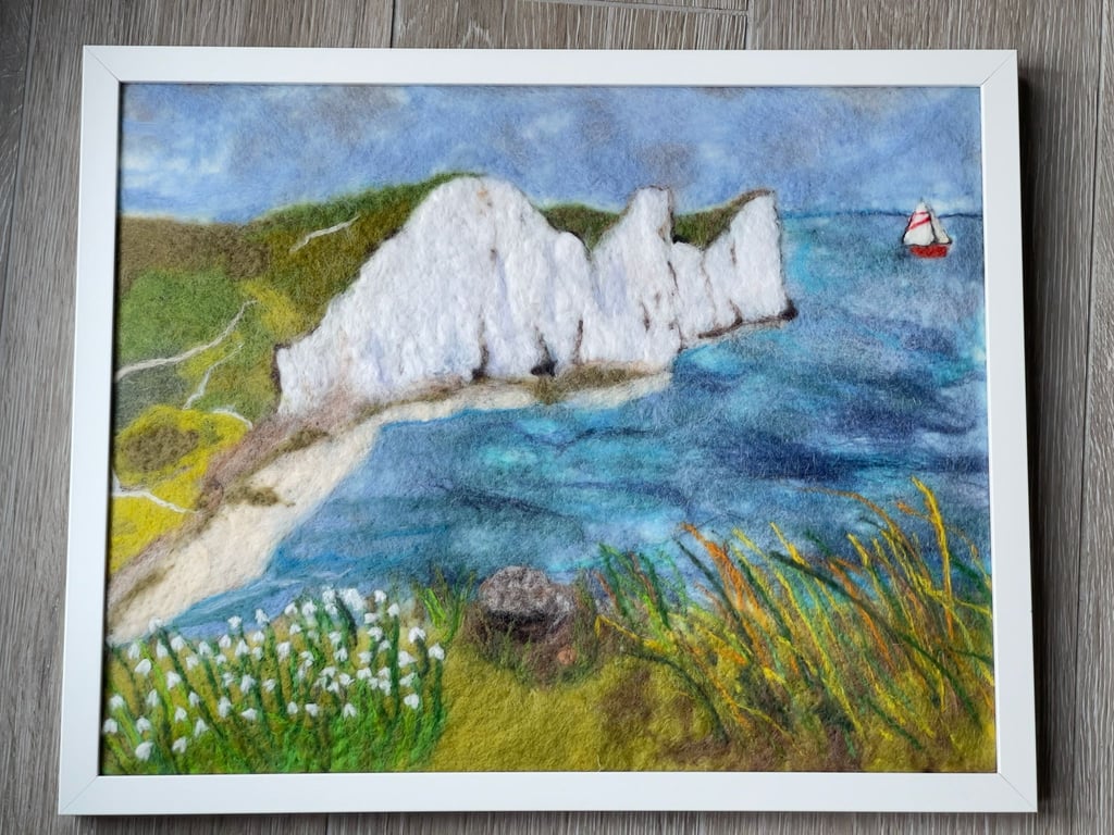  Wool felted painting-White Cliffs of the English coast