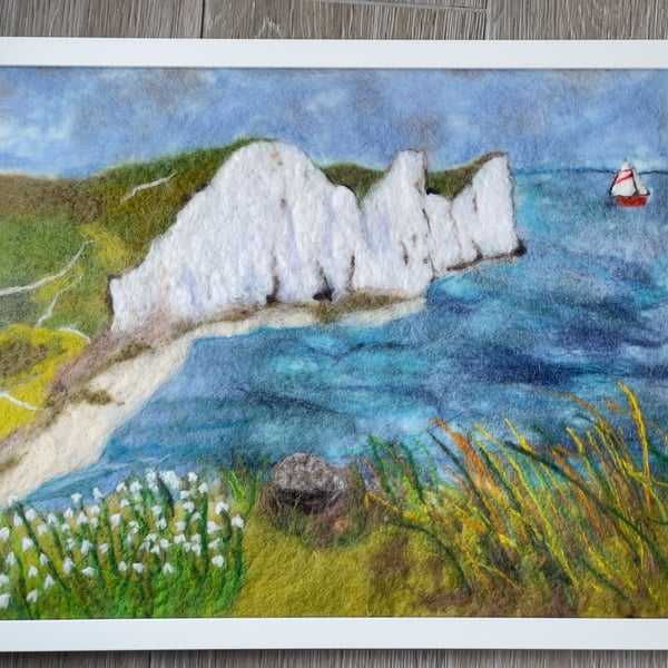  Wool felted painting-White Cliffs of the English coast