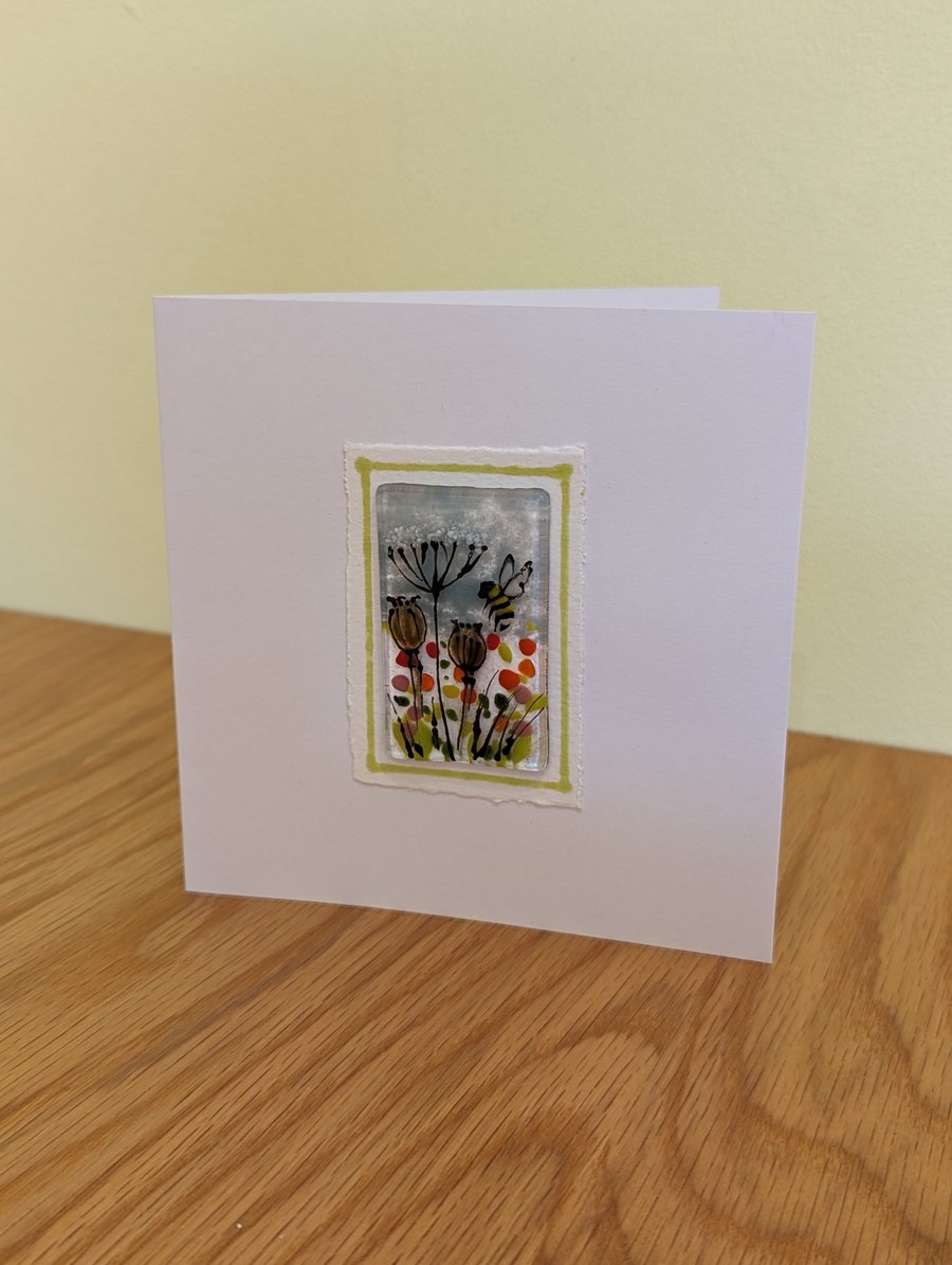 Fused Glass Bumble Bee Poppy Head Card