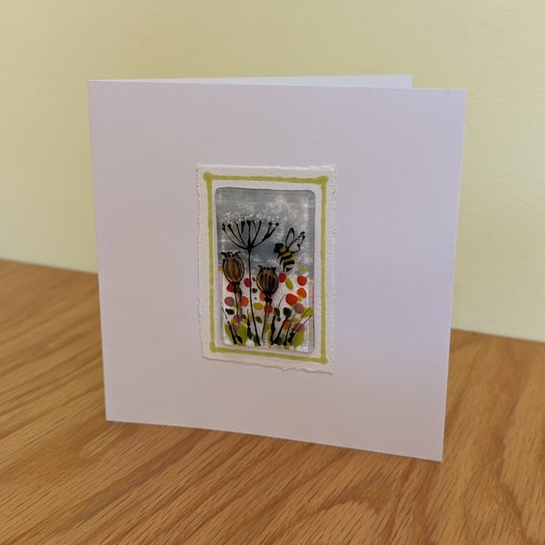 Fused Glass Bumble Bee Poppy Head Card