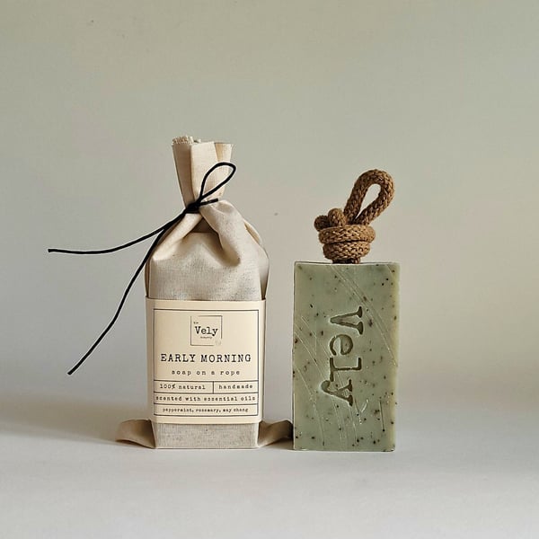 Natural Soap On A Rope With Green Clay And Mint "Early Morning"