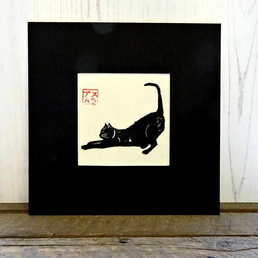 Yoga Cat - Original Linocut Print 