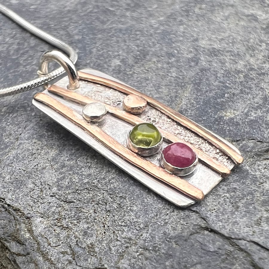 Silver and Gold Shoreline Necklace with Ruby and Peridot 