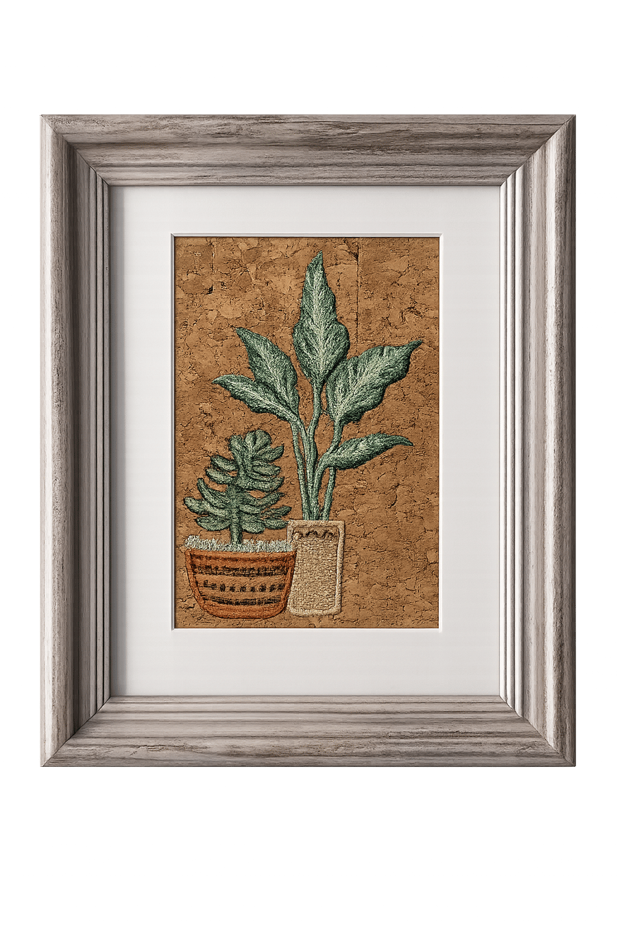 Framed Machine Embroidery Botanical Wall Art on Cork Fabric – Rustic Textile Art
