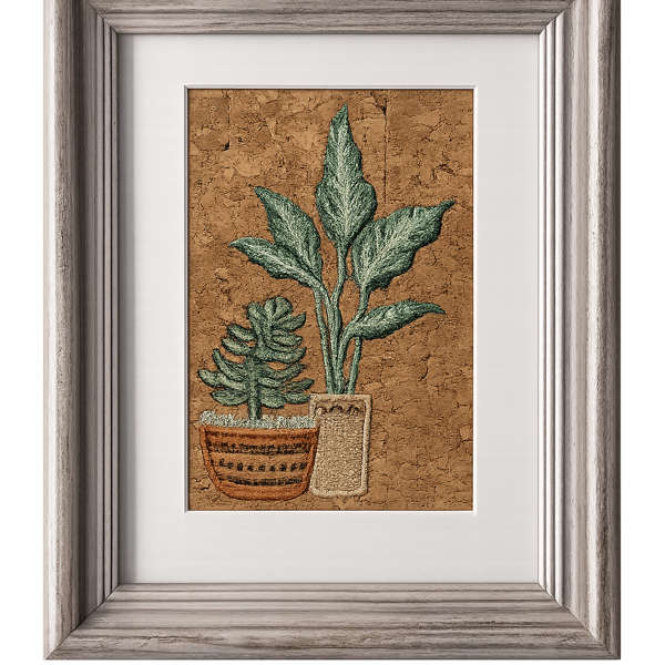 Framed Machine Embroidery Botanical Wall Art on Cork Fabric – Rustic Textile Art