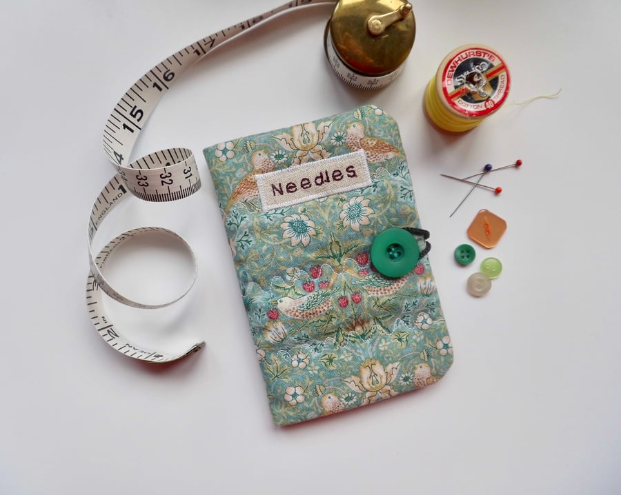 SOLD Sewing needle case in Strawberry Thief fabric