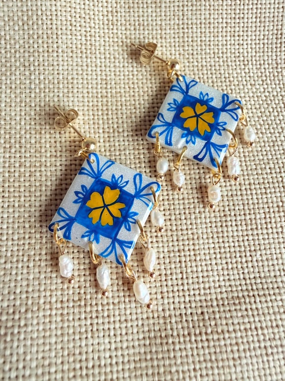 MIRA - Mediterranean Floral Tile Rice Pearl Earrings