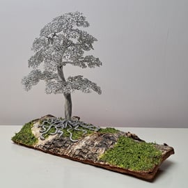 Mini wire Oak tree on Pine bark with grass detail.