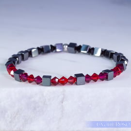 Swarovski and Hematite stretch beaded bracelet red pink black