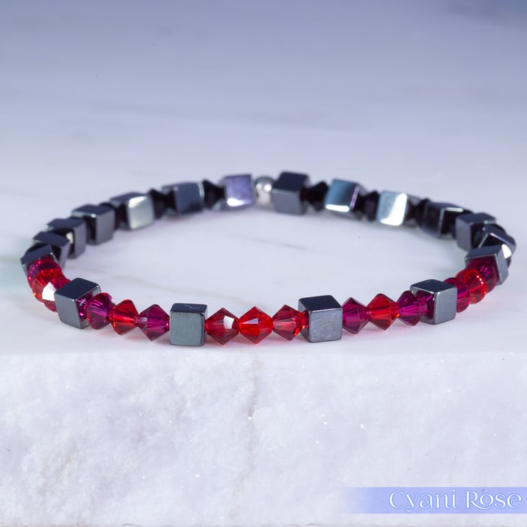 Swarovski and Hematite stretch beaded bracelet red pink black