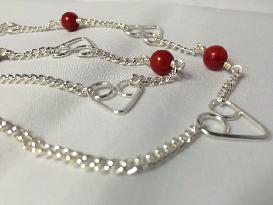 Red coral large hearts lanyard