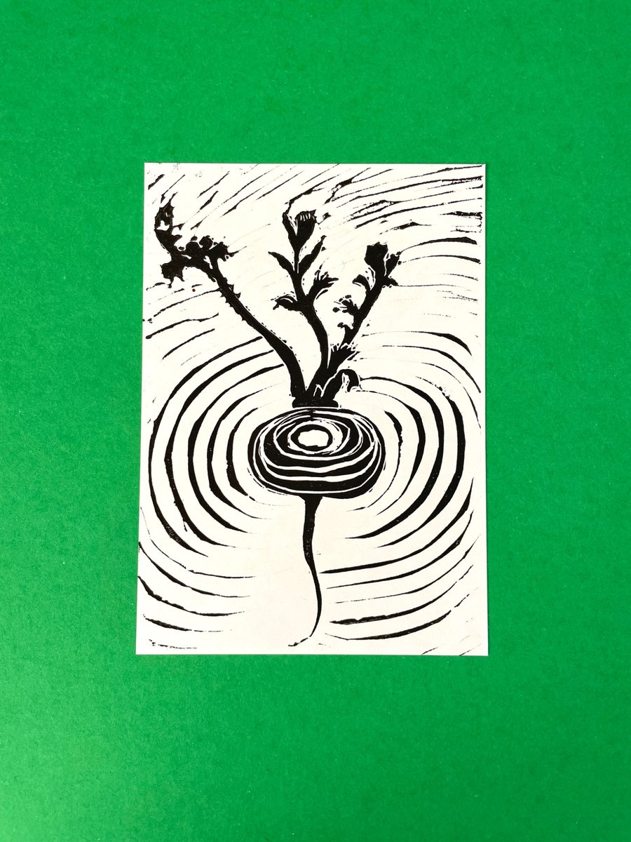 Handprinted Radish Lino Print