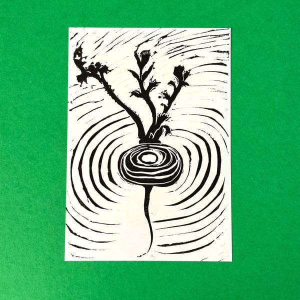 Handprinted Radish Lino Print, A6 size 