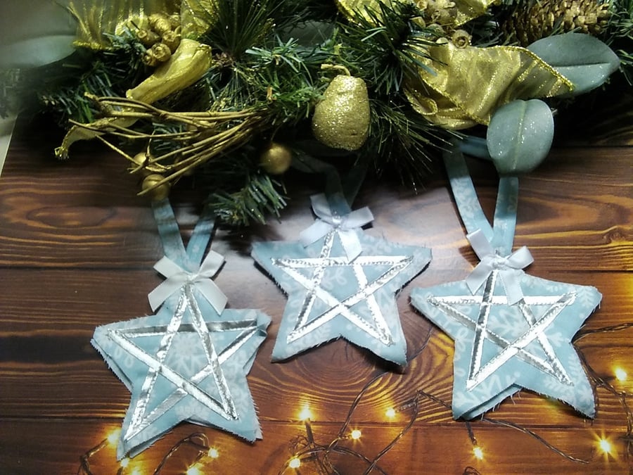 Christmas Tree Decoration Blue Stars set of 3 Reusable Fabric Tree Ornament