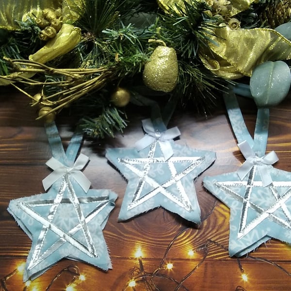Christmas Tree Decoration Blue Stars set of 3 Reusable Fabric Tree Ornament