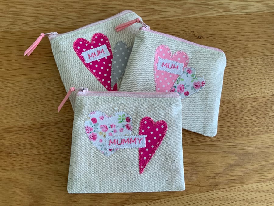 Natural Linen Coin Purse, Heart Applique, Mothers Day Gift, Zipped Purse