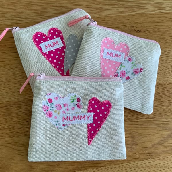 Natural Linen Coin Purse, Heart Applique, Mothers Day Gift, Zipped Purse