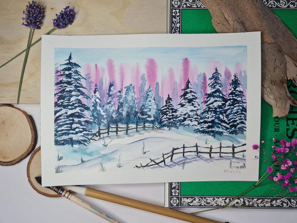 Dreamy snowy trees original watercolour painting, small winter landscape art