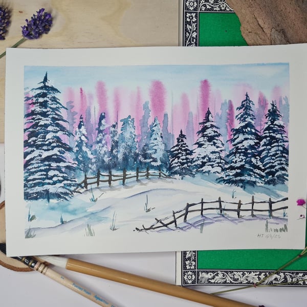 Dreamy snowy trees original watercolour painting, small winter landscape art