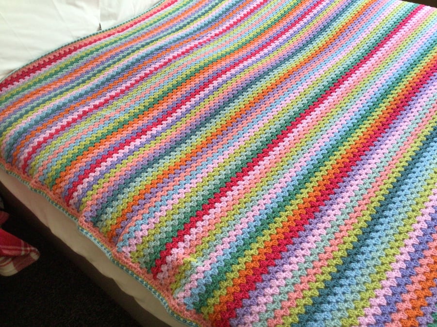 Large handmade crochet blanket, granny stripe crochet blanket throw, colourful s