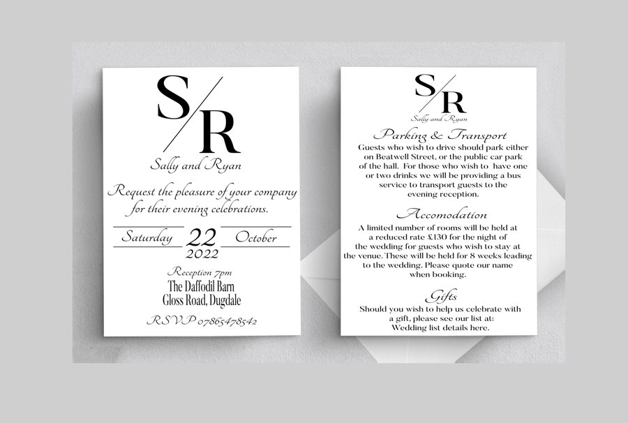Monogram Evening Wedding Invitation, Personalised Wedding Stationery