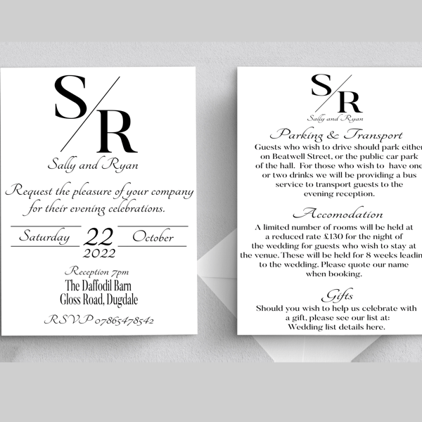 Monogram Evening Wedding Invitation, Personalised Wedding Stationery