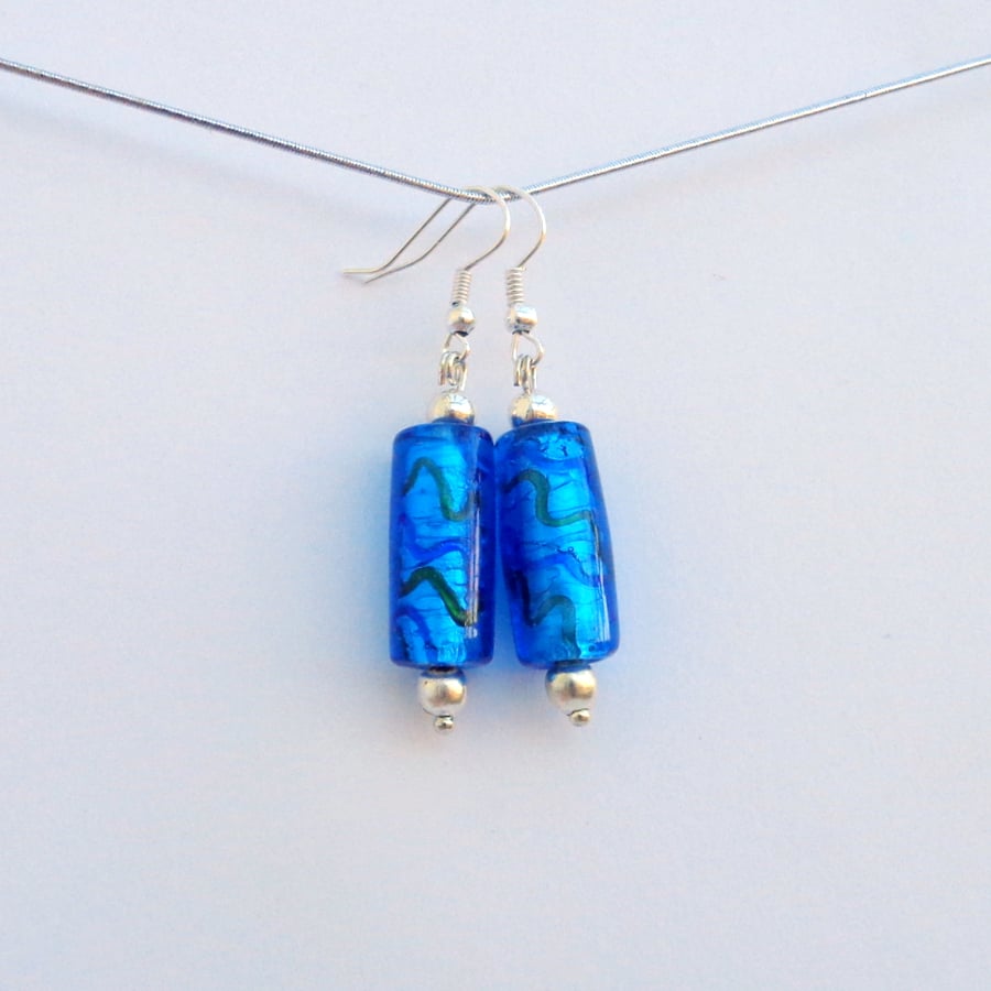 Glass bead deep turquoise & silver drop earrings  