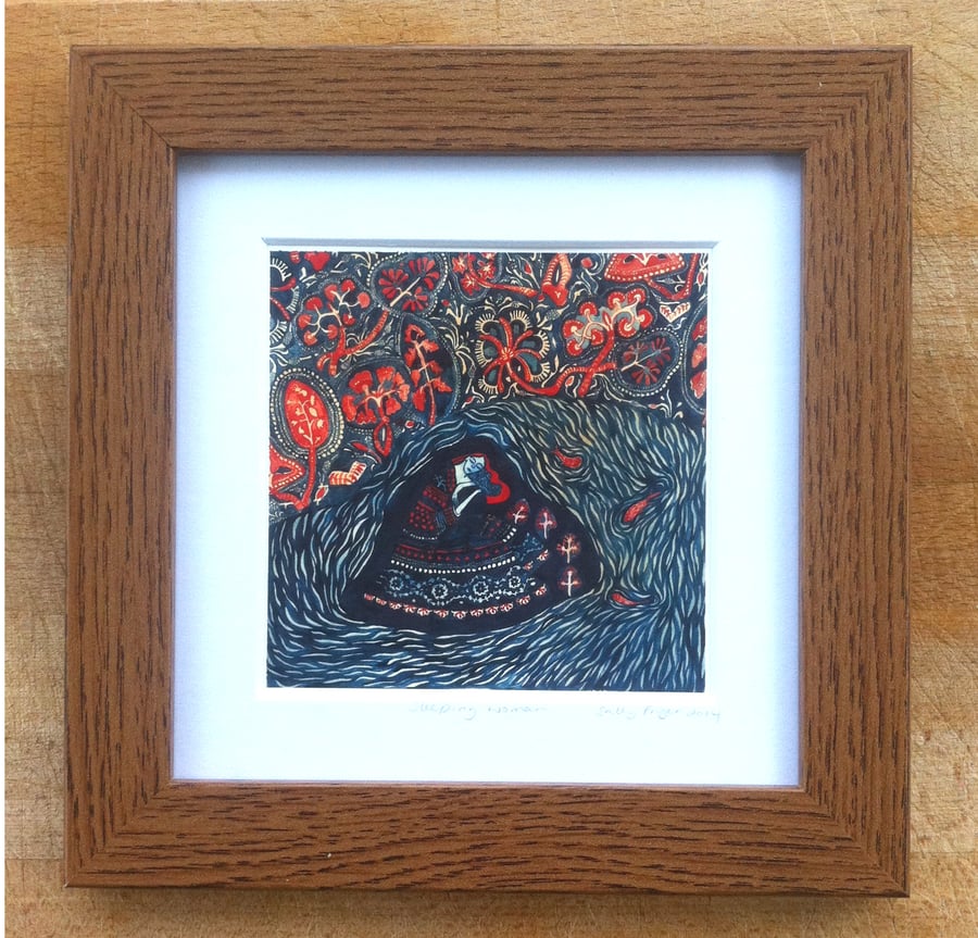 Sleeping Woman, 12 x 12 cm floral print