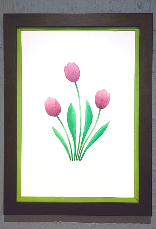 Genuine Made in UK Framed A3 Print Purple Tullips Light Green Border Wallart