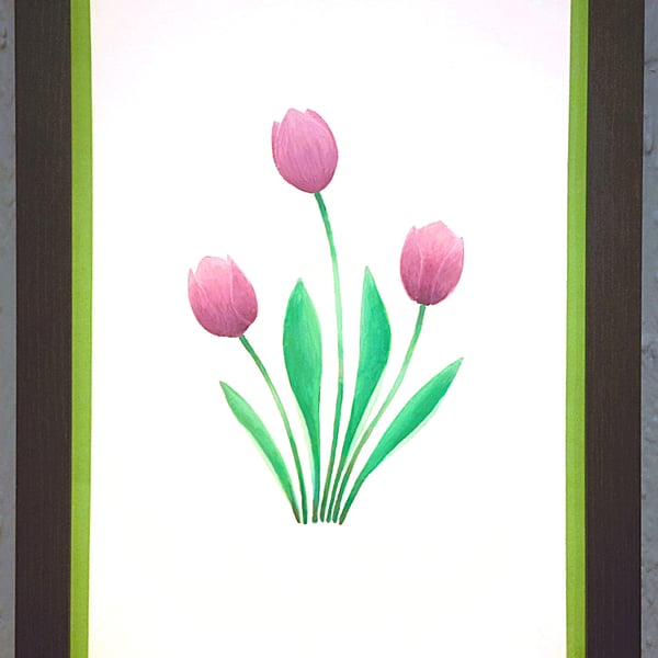 Genuine Made in UK Framed A3 Print Purple Tullips Light Green Border Wallart
