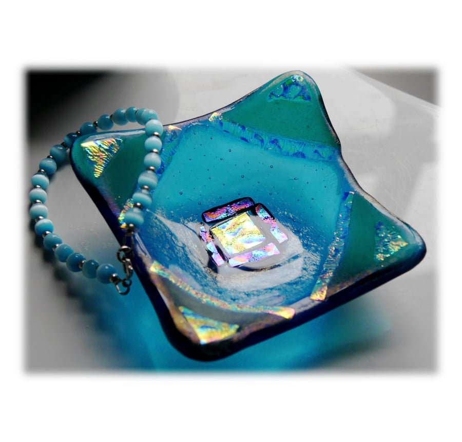 Fused Glass Trinket Dish 8cm Turquoise Dichroic... Folksy