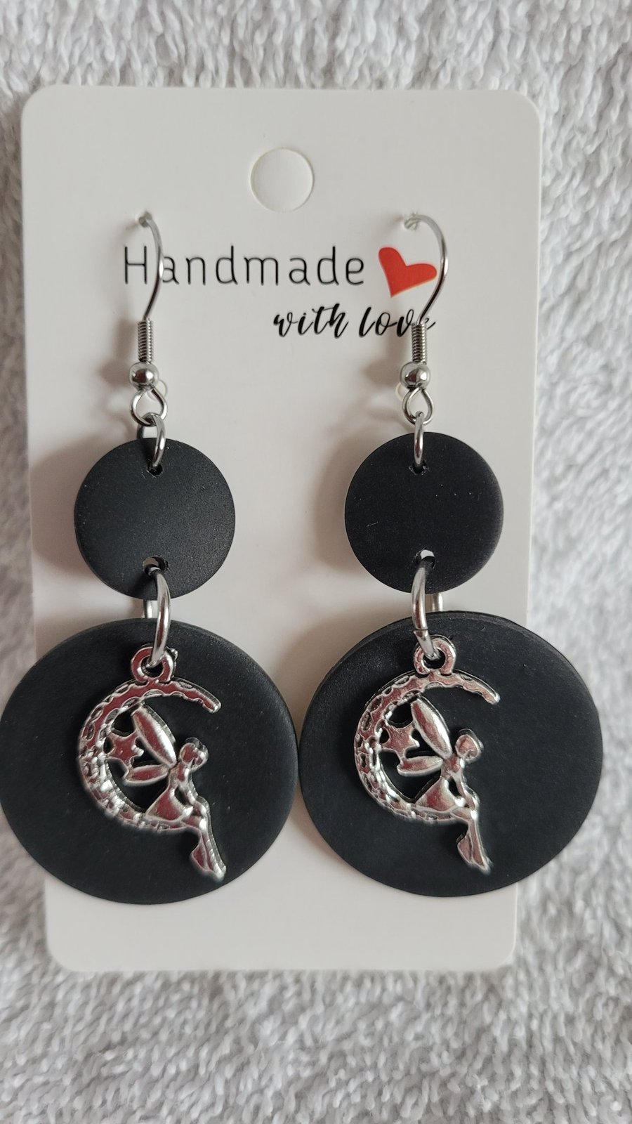 Image of Fairy on the Moon Black Polymer Clay Earrings. 316 Surgical Stainless Steel