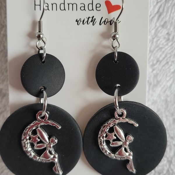 Fairy on the Moon Black Polymer Clay Earrings. 316 Surgical Stainless Steel