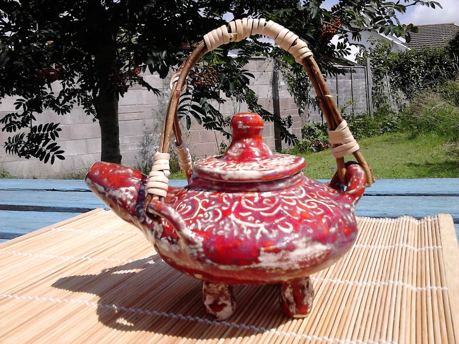 Textured Red and Willow Japanese Teapot