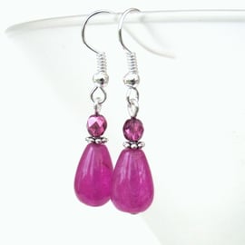 Pink chalcedony teardrop and crystal earrings