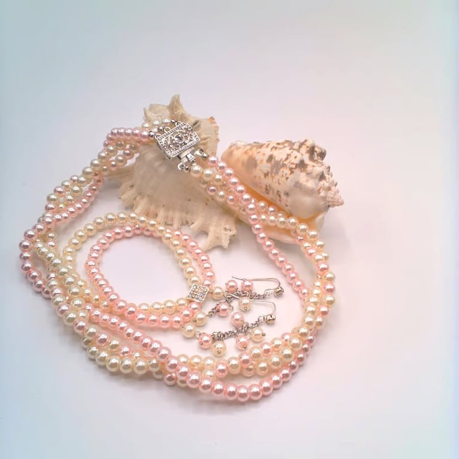 Image of Pink and Cream 3 Strand Pearl Jewellery Set, Ladies Jewellery Set