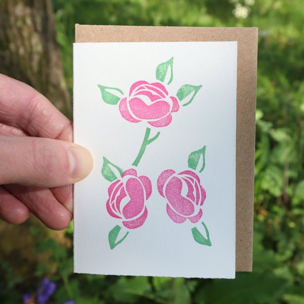 Handprinted linocut card featuring roses - small card