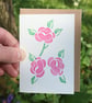 Handprinted linocut card featuring roses - small card