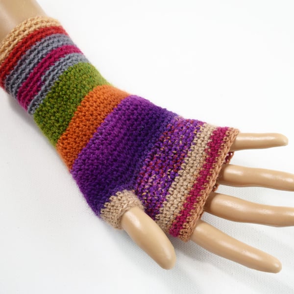 Multicoloured Fingerless Gloves For Women In Wool Rich Yarn