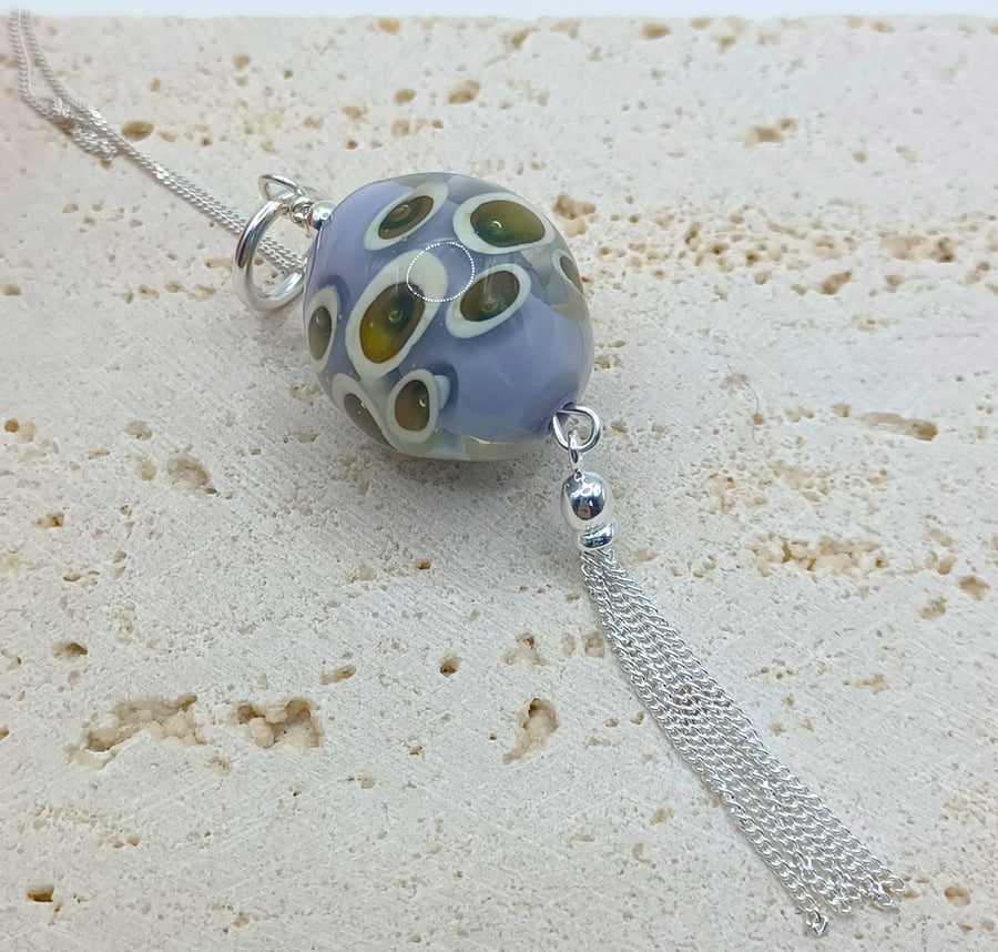 Purple and Silver Lampwork Glass Pendant, Sterling Silver Pendant, Silver Tassel
