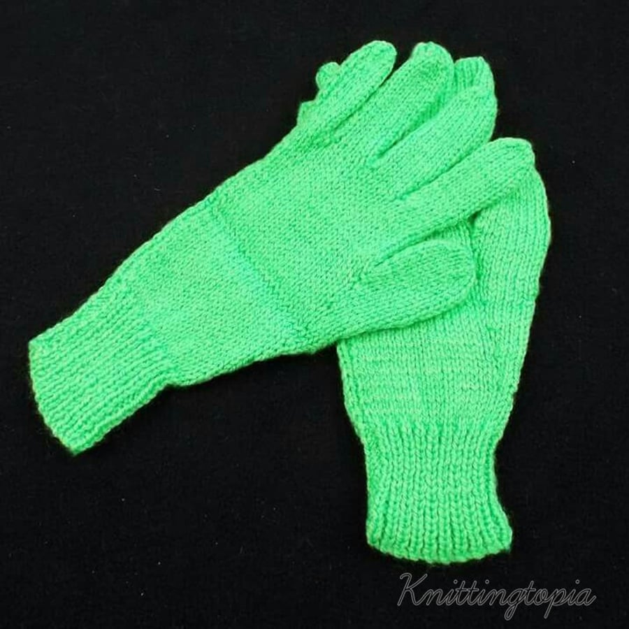 Children's bright green hand knitted gloves